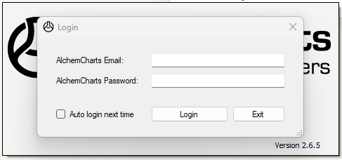 AlchemCharts login screen