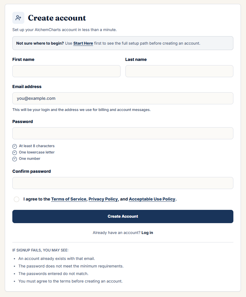 Create account screen