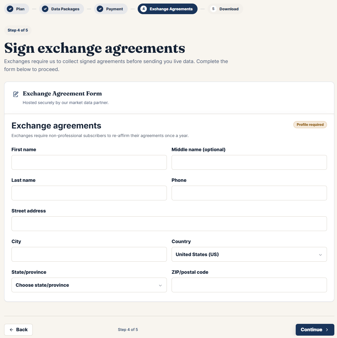 Exchange agreement profile form screenshot